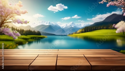 wood desk with spring landscape mountain and lake in background