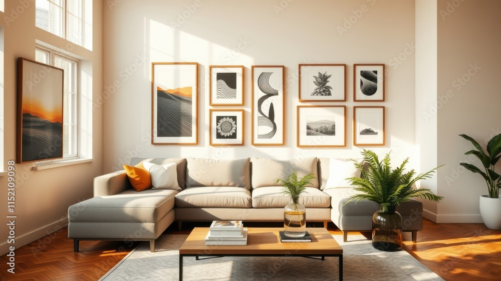 Fototapeta premium Contemporary living room featuring a sectional sofa, a coffee table with books, and a gallery wall with black and white prints, a plant in a vase and a large window with natural light streaming in.