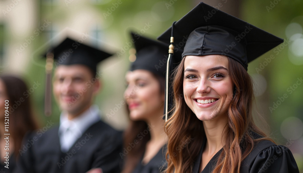 Group of Happy Female Graduates in Caps and Gowns - Green Background Group of Happy Female Graduates in Caps and Gowns - Green Background