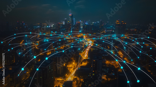 Smart digital city with connection cyber security network reciprocity over the cityscape . future smart wireless digital city and social media networking systems that connects people within the city