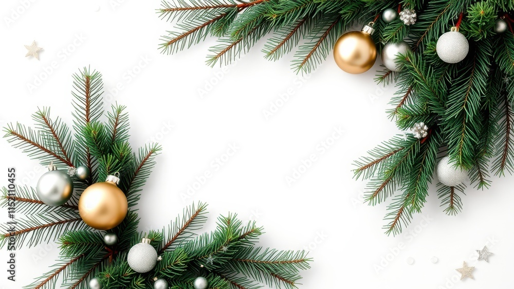 A simple white background adorned with Christmas tree branches, silver and gold ornaments, and glittering stars, creating a festive and elegant holiday frame. A simple white background adorned with Christmas tree branches, silver and gold ornaments, and glittering stars, creating a festive and elegant holiday frame.