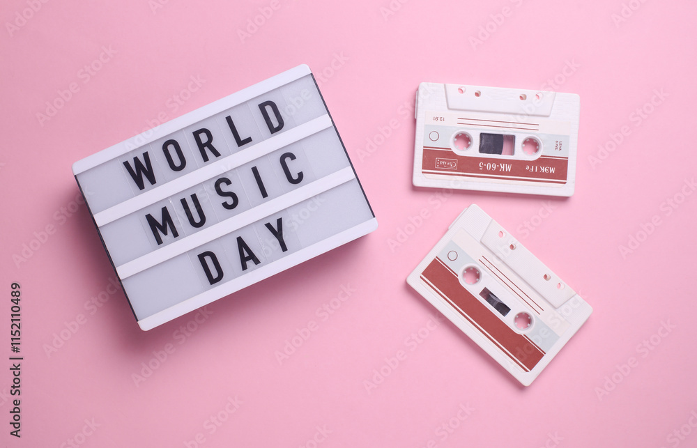 Φωτογραφία World music day text in light box and retro 80s audio cassettes on pink background