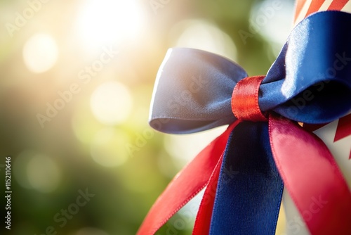 Colorful gift with vibrant ribbon catches sunlight, creating joy photo