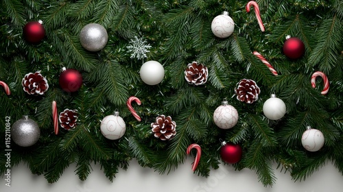 holiday tree decoration, close-up of a fraser fir adorned with frosted baubles, candy canes, shimmering tinsel, encapsulating a festive christmas vibe photo