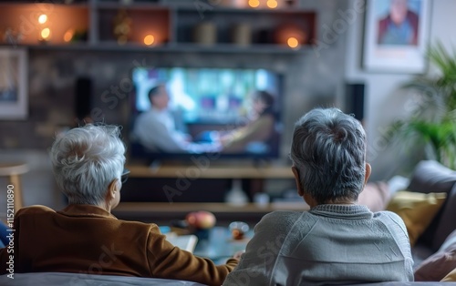 Senior roommates watching TV together, back view. Non ownership, collective, cooperative rent, collaborative, sustainable, temporary, nomadic resource sharing, communal use, non possessive concept photo