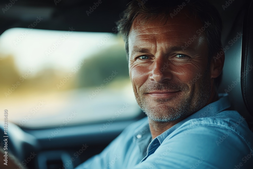 A middle-aged man with a charming smile sitting in a car, wearing a blue shirt, with a soft-focus background A middle-aged man with a charming smile sitting in a car, wearing a blue shirt, with a soft-focus background