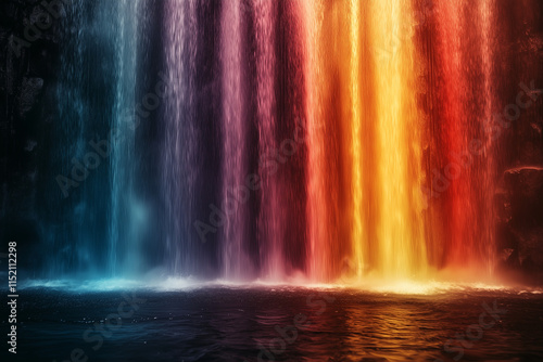 A cascade of water in rainbow colours. Colorful waterfall.