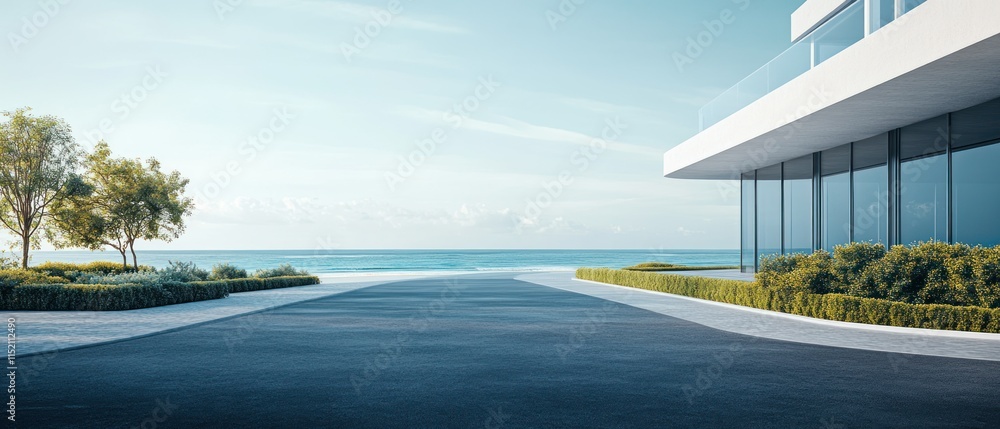 Fototapeta premium Low-rise contemporary office building off paved road overlooking quiet beach background wallpaper AI generated image