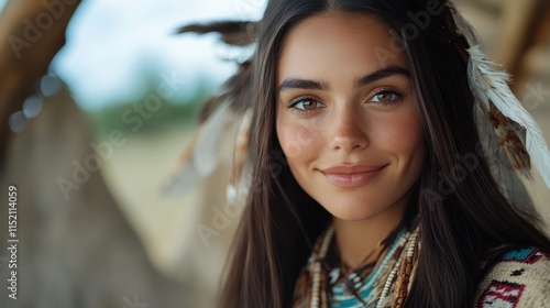 A captivating portrait capturing a woman adorned with feathers, set in a natural environment, showcasing an air of mystery and cultural elegance in visual storytelling. photo