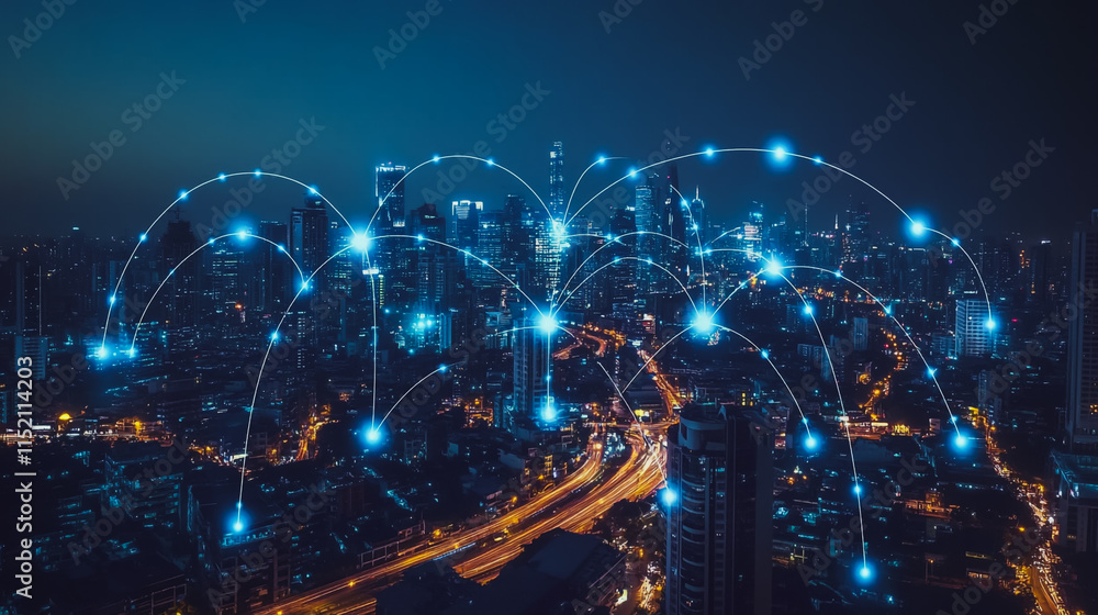 Fototapeta premium Smart digital city with connection cyber security network reciprocity over the cityscape . future smart wireless digital city and social media networking systems that connects people within the city