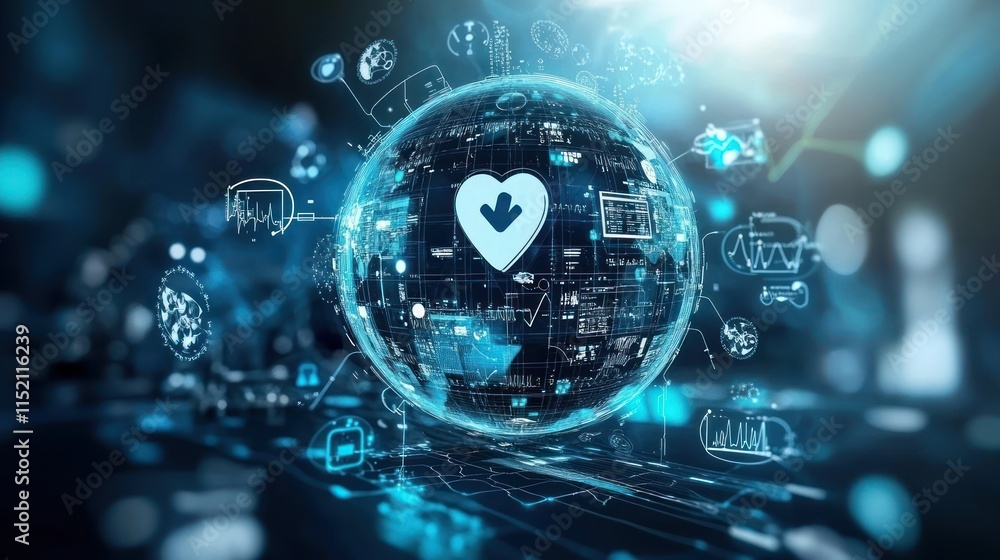 Global healthcare network, digital heart icon on a digital globe. Global healthcare network, digital heart icon on a digital globe.