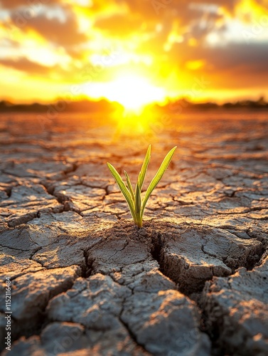 A resilient green sprout emerges from cracked earth under a vibrant sunset, symbolizing hope and renewal in a challenging environment. photo