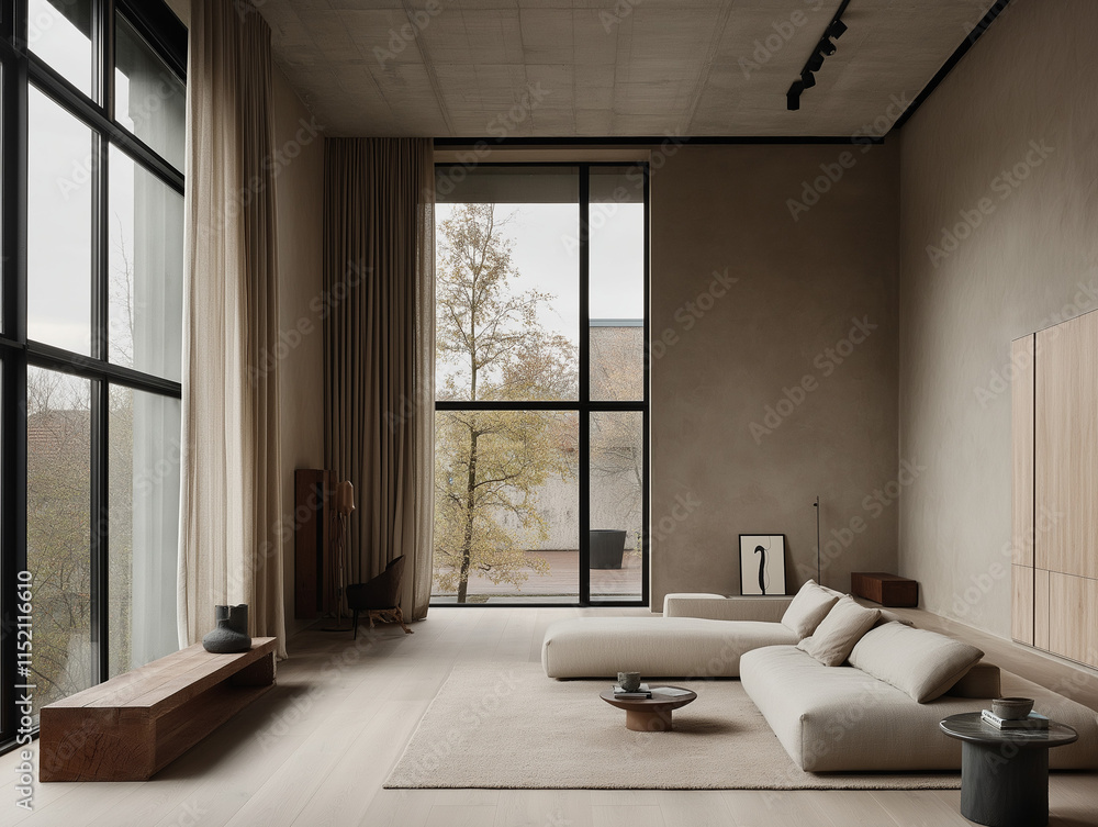 Fototapeta premium Modern Minimalist Living Room with Large Windows 