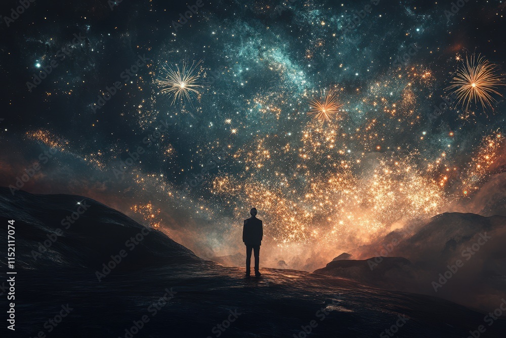 Fototapeta premium Man Silhouetted Against A Starry Night Sky With Fireworks