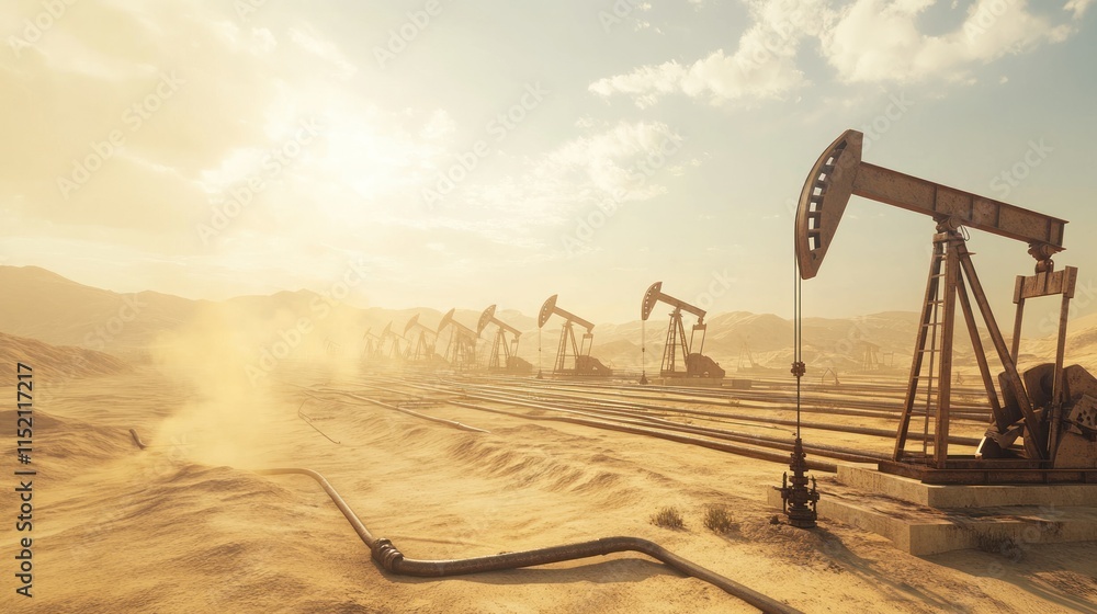 Fototapeta premium A vast oil field in the barren desert. Rows of oil pumps suck crude oil from the ground, background wallpaper AI generated image
