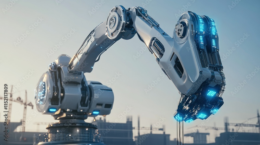Fototapeta premium A robotic crane with a metallic design equipped with several arms operates on a high-tech construction site. background wallpaper AI generated image