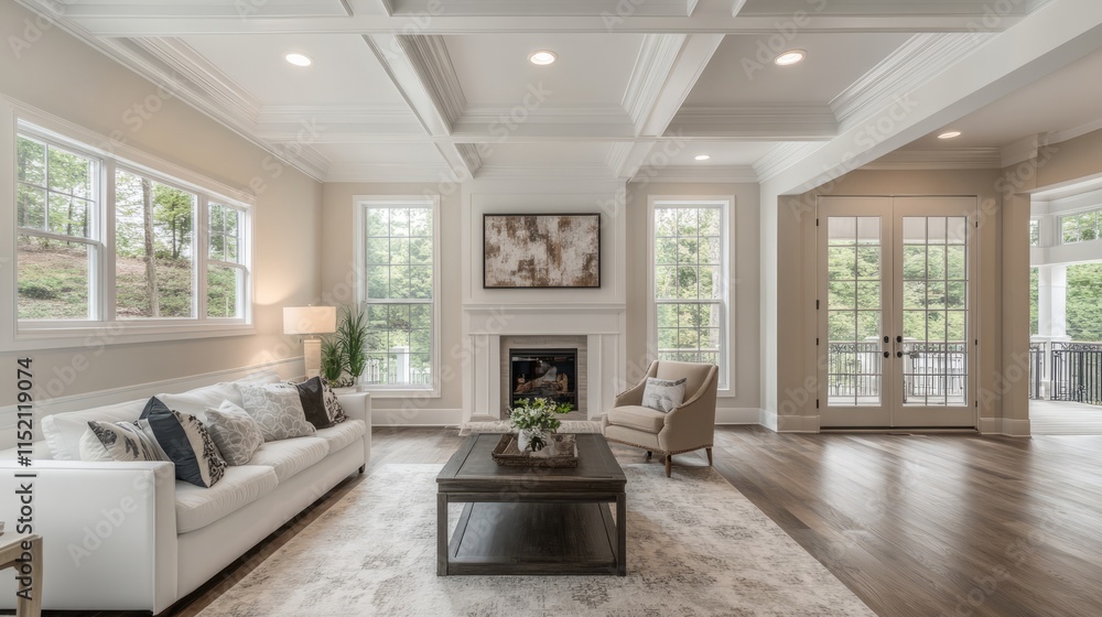 Fototapeta premium Contemporary living room with open concept view, fireplace, stairs