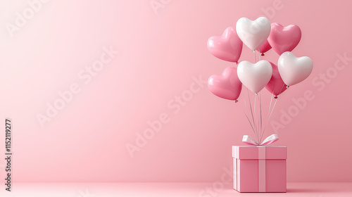 collection of heart shaped balloons in pink and white colors, tied to gift box, creates festive and romantic atmosphere