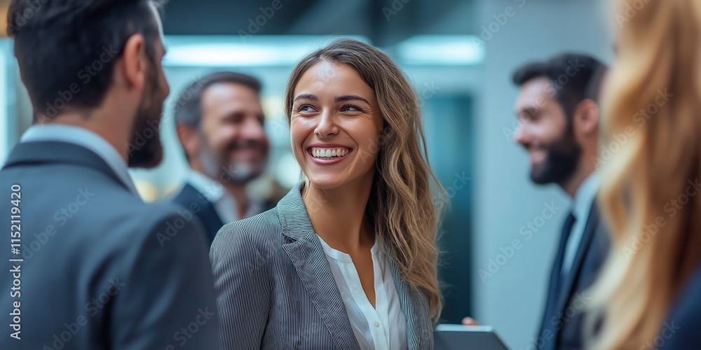 A professional woman smiling warmly amidst a group of colleagues, conveying confidence and approachability. A professional woman smiling warmly amidst a group of colleagues, conveying confidence and approachability.