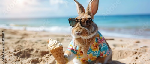 A bunny in sunglasses and Hawaiian shirt enjoys ice cream on the beach photo