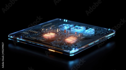 A futuristic illustration of a semiconductor microchip with glowing nanocircuits and holographic data displays photo