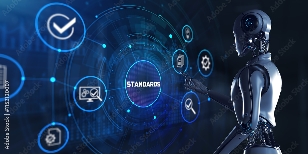 Standard quality control certification standardisation. Robot pressing button on screen 3d render. Standard quality control certification standardisation. Robot pressing button on screen 3d render.