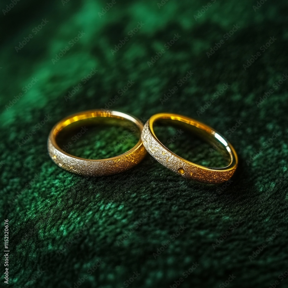 Elegant gold wedding rings on green velvet background Elegant gold wedding rings on green velvet background