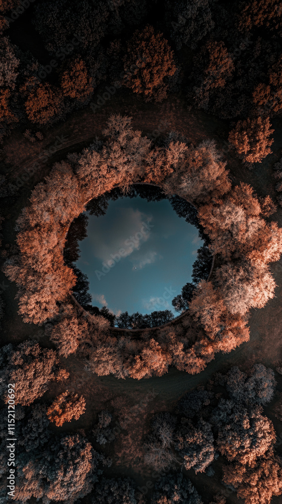Aerial view of circular pond surrounded by autumn trees and foliage Aerial view of circular pond surrounded by autumn trees and foliage