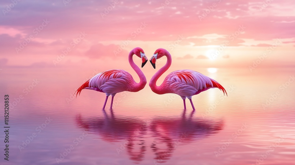 Naklejka premium A pair of pink flamingos forming a heart shape with their necks, standing in a tranquil lake reflecting a pink sunset.
