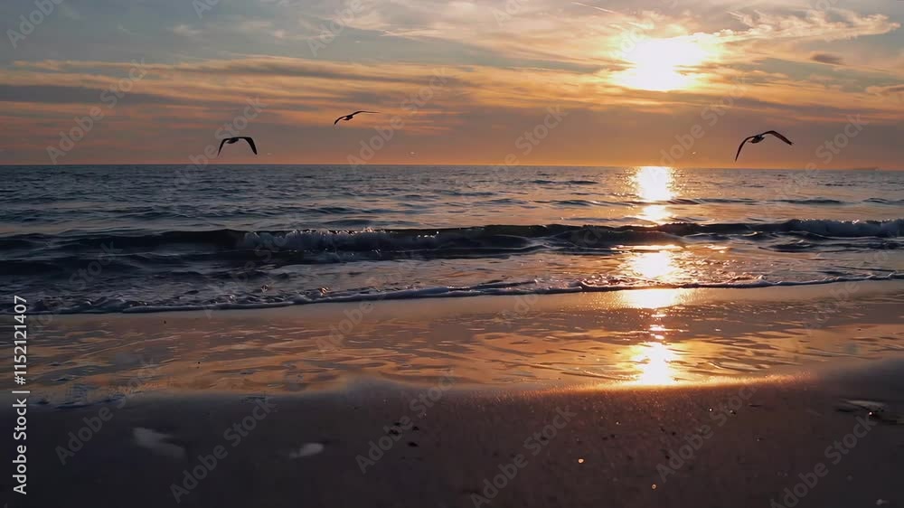 Peaceful Sunset on Ocean Shore with Birds Peaceful Sunset on Ocean Shore with Birds