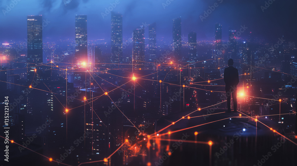 Smart digital city with connection cyber security network reciprocity over the cityscape . future smart wireless digital city and social media networking systems that connects people within the city Smart digital city with connection cyber security network reciprocity over the cityscape . future smart wireless digital city and social media networking systems that connects people within the city