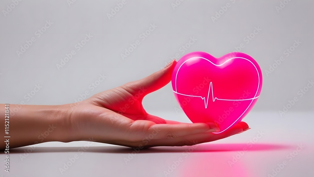 Fototapeta premium Glowing heart in gentle hands, a symbol of life, care, and wellbeing. A powerful image of health and hope.