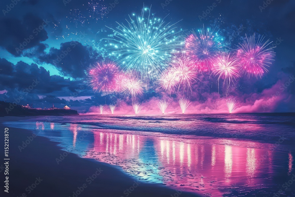 Vibrant Fireworks Display Over Coastal Beach at Night Vibrant Fireworks Display Over Coastal Beach at Night