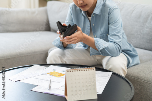Canvas Print Debt financial concept, stressed problem asian woman hand open empty wallet, purse not have budget of money to pay no have credit card, not able payment bill, loan or expense with bank, bankruptcy
