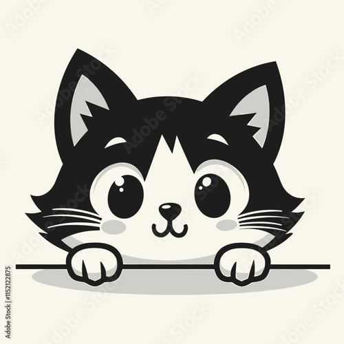 A cartoon cat with big, expressive eyes and a playful expression peeks over a plain white border against a gray background