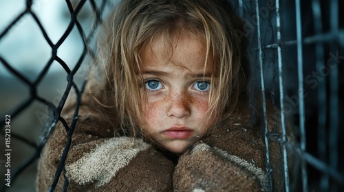 A young child with freckles and blue eyes peering somberly through a fence, wrapped in rustic attire, conveying a sense of longing or contemplation. photo