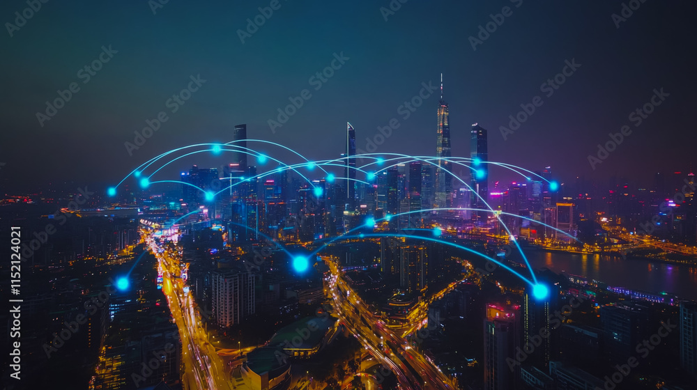 Smart digital city with connection cyber security network reciprocity over the cityscape . future smart wireless digital city and social media networking systems that connects people within the city Smart digital city with connection cyber security network reciprocity over the cityscape . future smart wireless digital city and social media networking systems that connects people within the city