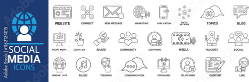 Social Media icon set. Online community, media, website, blog, content, business marketing and social network icons. Solid icon collection.