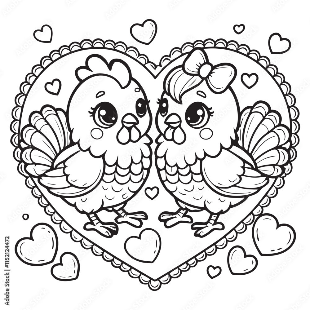 Cute Chicken Couple on a Love Shape Vector Line Art Coloring Book Illustration Cute Chicken Couple on a Love Shape Vector Line Art Coloring Book Illustration
