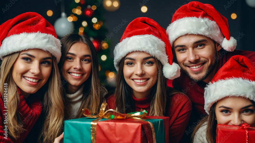 Happy group of excited beautiful friends in Santa hats are having fun while partying at home on the Christmas tree background Happy group of excited beautiful friends in Santa hats are having fun while partying at home on the Christmas tree background