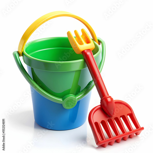 Baby Toy Bucket with Shovel and Rake Isolated