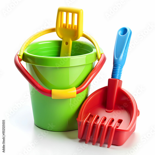 Baby Toy Bucket with Shovel and Rake Isolated