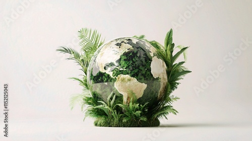 Fototapeta Naklejka Na Ścianę i Meble -  Eco-Friendly Globe Surrounded by Tropical Nature and Green Plants