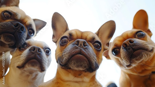 Playful french bulldogs gather in sunny outdoor setting photo