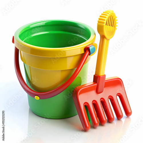 Baby Toy Bucket with Shovel and Rake Isolated