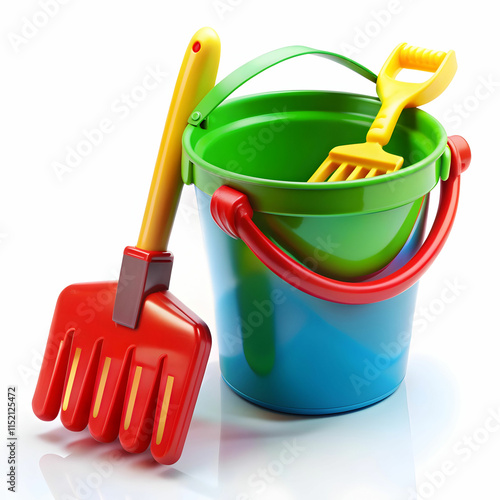 Baby Toy Bucket with Shovel and Rake Isolated