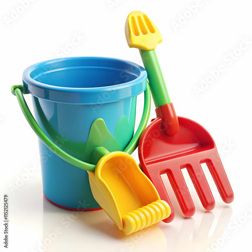Baby Toy Bucket with Shovel and Rake Isolated
