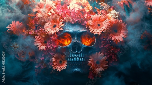Floral skull art dark fantasy digital artwork surreal close-up