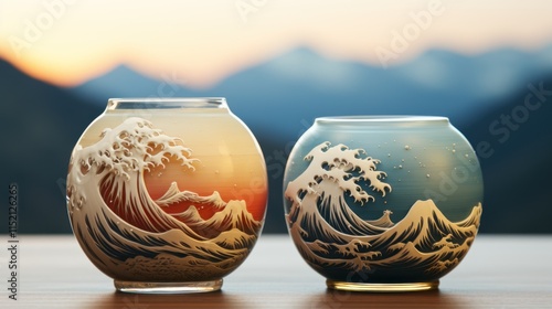 Great Wave off Kanagawa Glass Bowls: Sunrise and Sunset photo