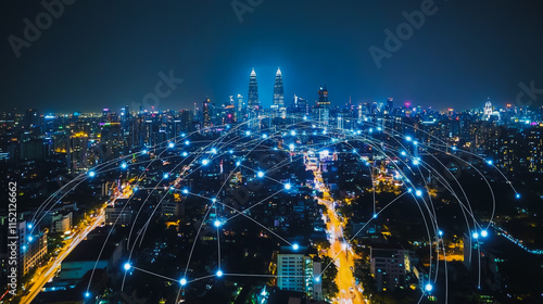 Wallpaper Mural Smart digital city with connection cyber security network reciprocity over the cityscape . future smart wireless digital city and social media networking systems that connects people within the city Torontodigital.ca